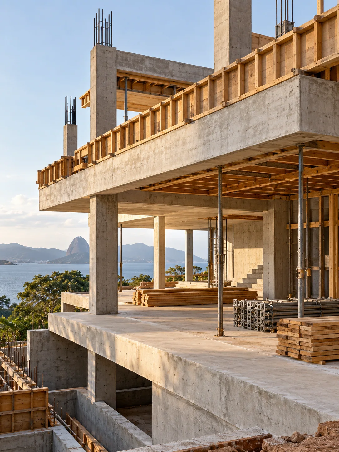Imagem conceitual de estrutura de concreto e formas de madeira em um canteiro organizado