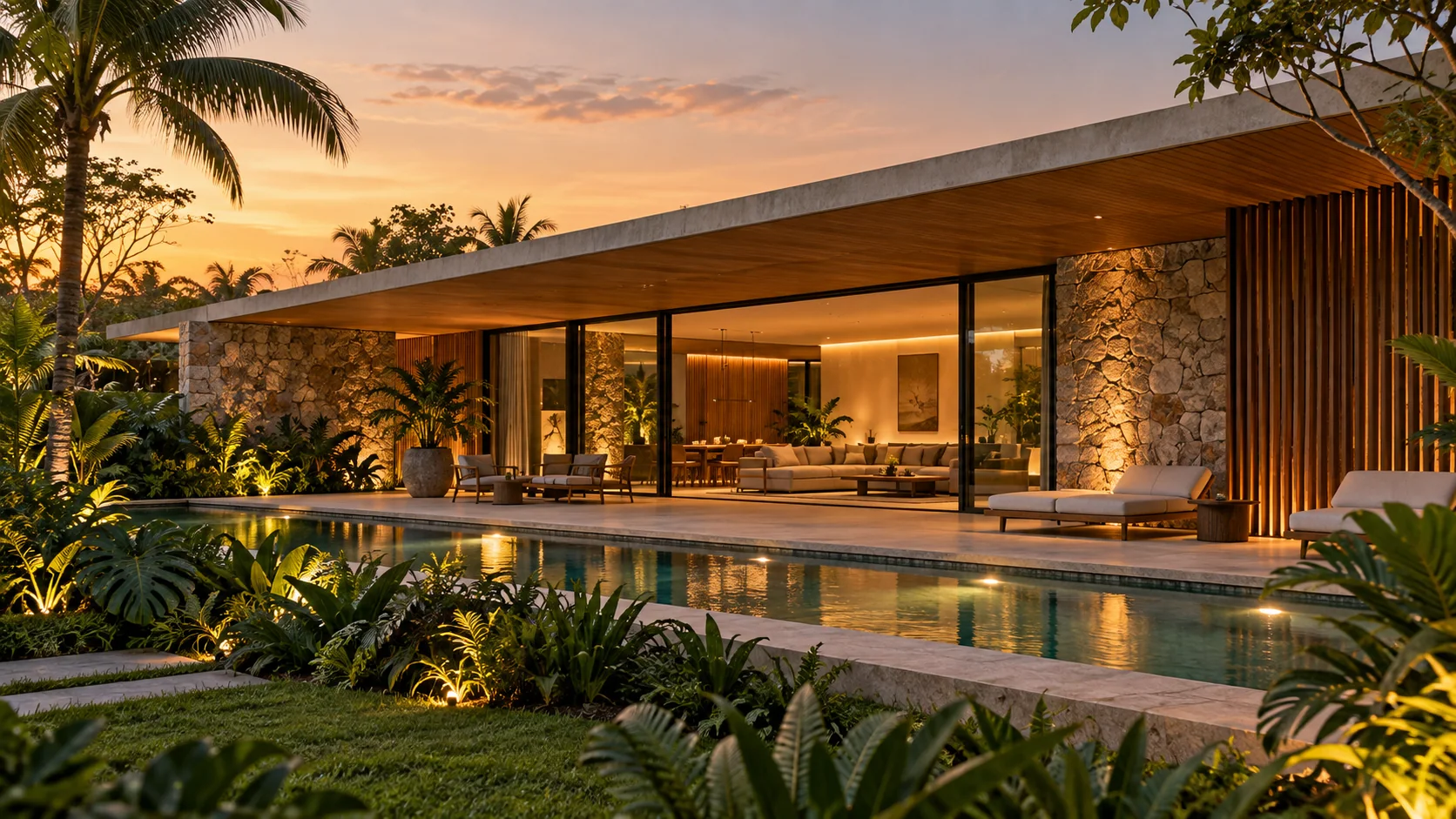 Imagem conceitual de residência contemporânea com pedra natural, madeira e jardim tropical ao entardecer