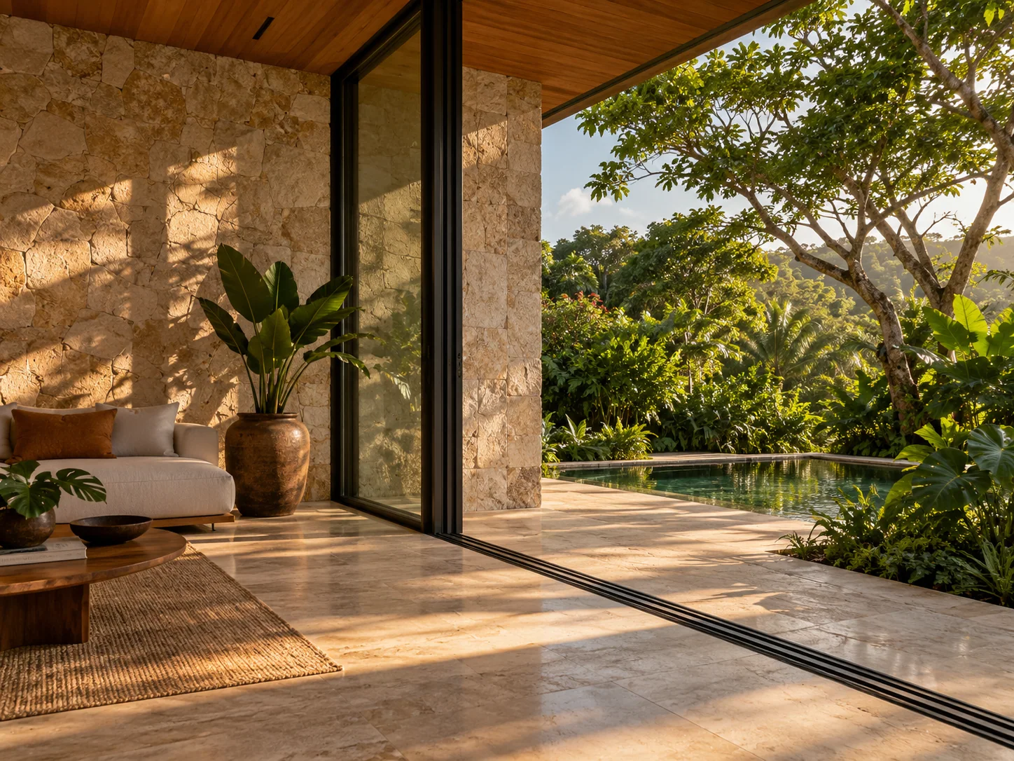 Conceito de interior com pedra, madeira e ampla abertura para o jardim
