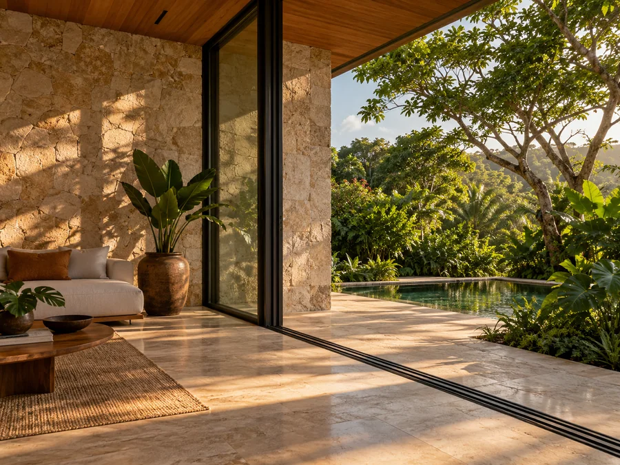 Encontro entre piso de pedra e esquadria de uma casa conceitual